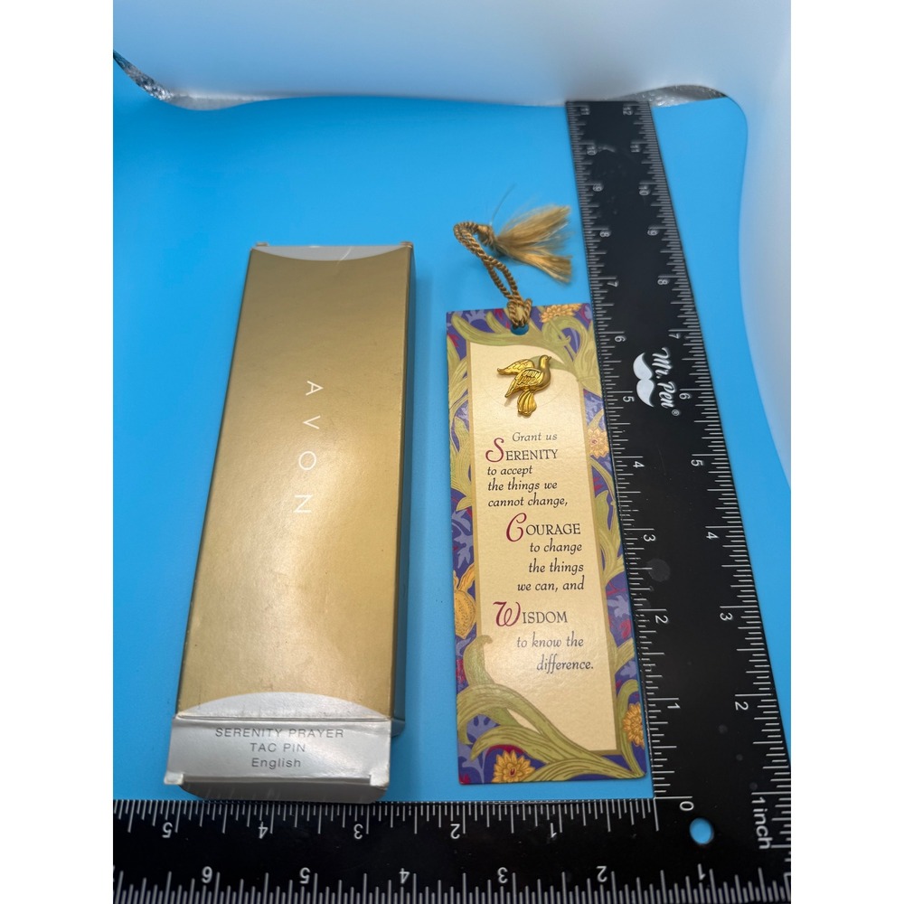 Vintage 1997 Avon Serenity Prayer Tac Pin Gold Tone Dove Bookmark Original Box